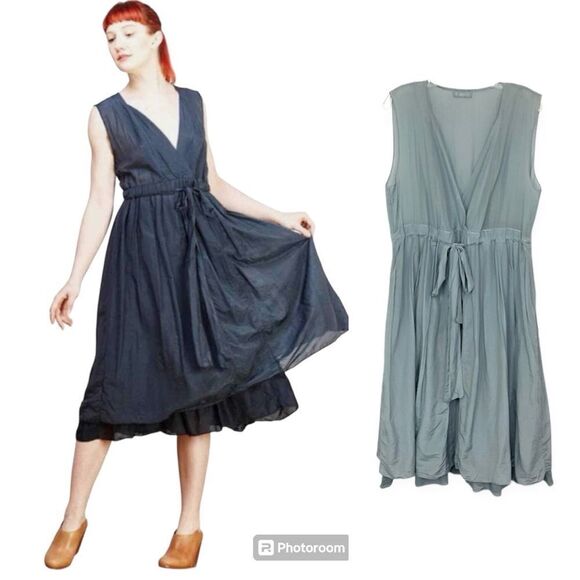 CP Shades Julia Boho Gray / Blue Midi Cotton Silk Dress L - Picture 1 of 11